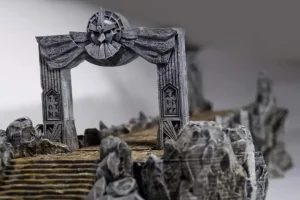 Close-up of the 3D printed bridge stairs from the Mines of Maznar set, highlighting textured stone steps and realistic painting effects