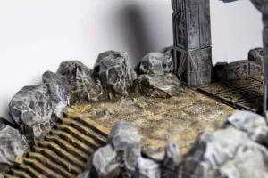 Close-up of the 3D printed bridge stairs from the Mines of Maznar set, highlighting textured stone steps and realistic painting effects
