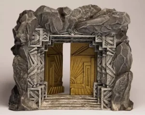 Completed and fully painted Gates of Maznar 3D printed terrain, showing detailed stonework and golden doors, ready for tabletop gaming display