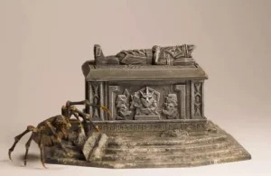 Realistic painted 3D-printed dwarven tomb terrain with stone textures and spider, by OrangeCube3D