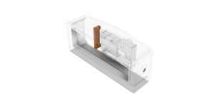 CAD rendering of the Green segment display puzzle for Secret of Pamola, with orange battery holder and transparent internals, custom 3D printed by OrangeCube3D.