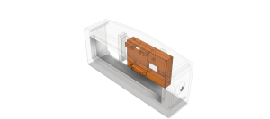 CAD rendering of the Green segment display puzzle for Secret of Pamola, with highlighted orange electronics holder, custom 3D printed by OrangeCube3D.