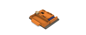 Solid CAD rendering of the Pedestal puzzle internals for Secret of Pamola, showing orange drawer, electronics holders, and servo motor, custom 3D printed by OrangeCube3D.