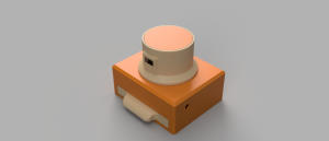 Solid render of the complete Pedestal puzzle for Secret of Pamola, showing orange enclosure, top-mounted scale, and front drawer, custom 3D printed by OrangeCube3D.