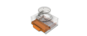 Wireframe CAD rendering of the Pedestal puzzle for Secret of Pamola, with orange unlockable drawer, electronics holders, and top-mounted load cell and display, custom 3D printed by OrangeCube3D.