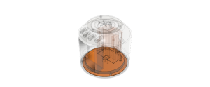 CAD rendering of the security puzzle showing the transparent outer shell and orange detachable lid for the Secret of Pamola at-home escape room by OrangeCube3D.
